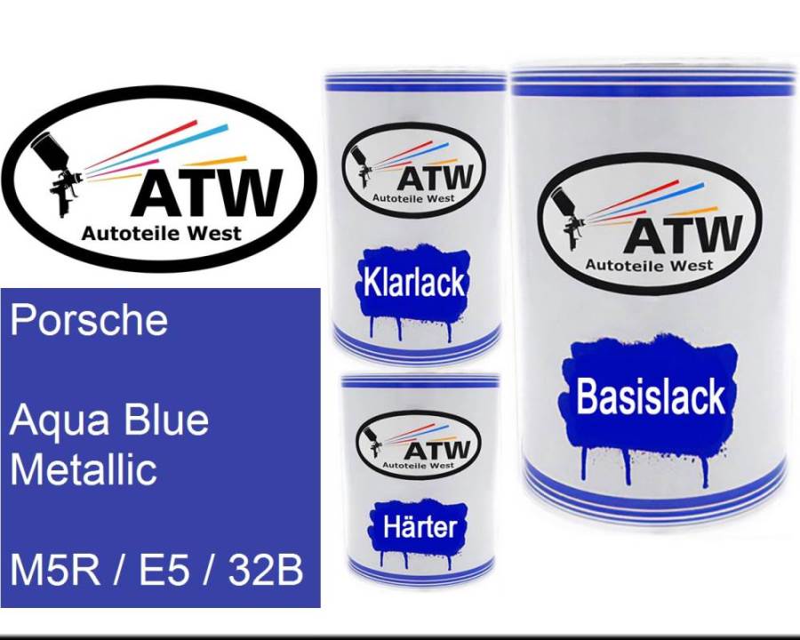 Porsche, Aqua Blue Metallic, M5R / E5 / 32B: 500ml Lackdose + 500ml Klarlack + 250ml Härter - Set, von ATW Autoteile West.